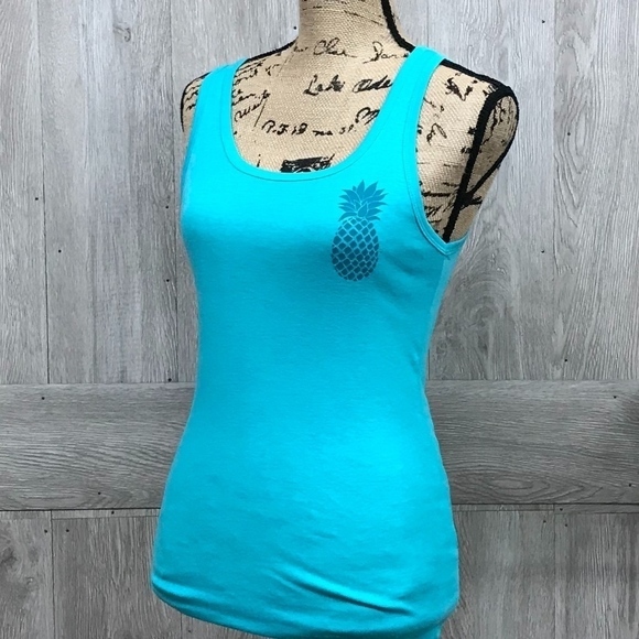 Teal Fitted Tank Top With Green Pineapple BB323 - Picture 3 of 4